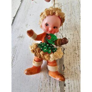 Antique vintage pixie elf AS IS ornament boy felt sequin push Xmas tree